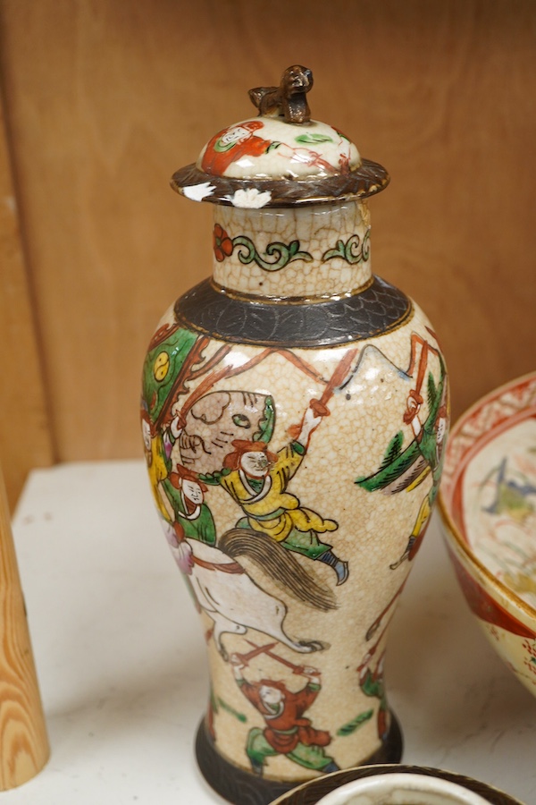 A pair Chinese crackle glaze vases and covers, four jars one with cover and a Japanese Kutani bowl, bowl 30cm diameter